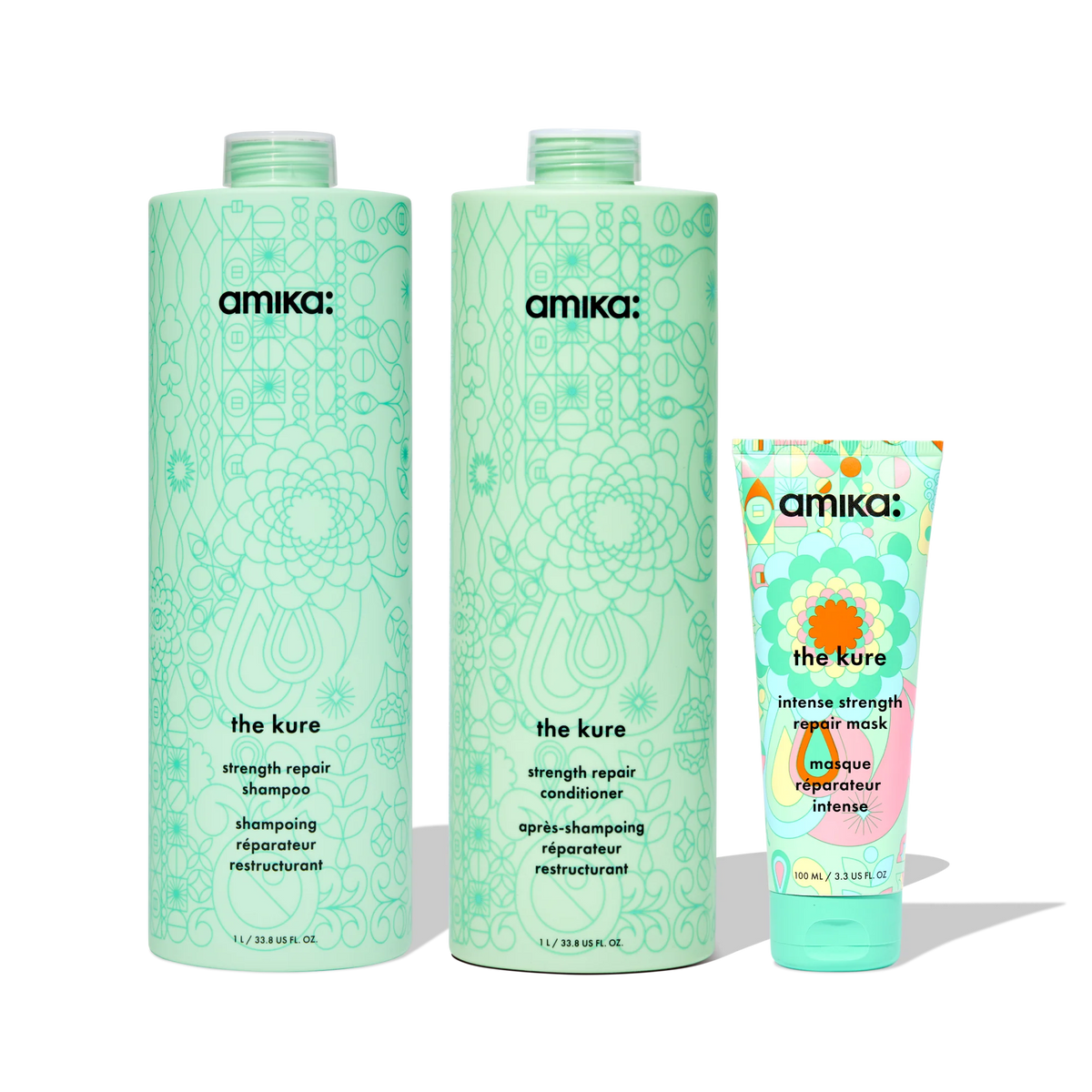 super-sized strength repair set the kure shampoo, conditioner + mask