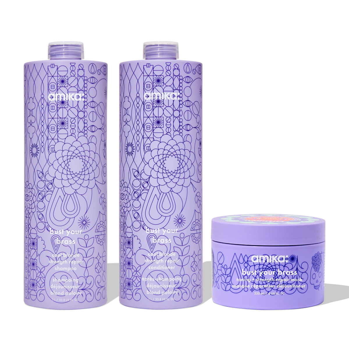 super-sized blonde set bust your brass cool blonde shampoo + conditioner + intense repair hair mask